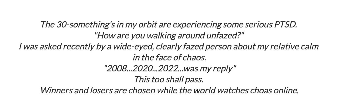 Field Notes excerpt — italic reflection on staying calm through market chaos