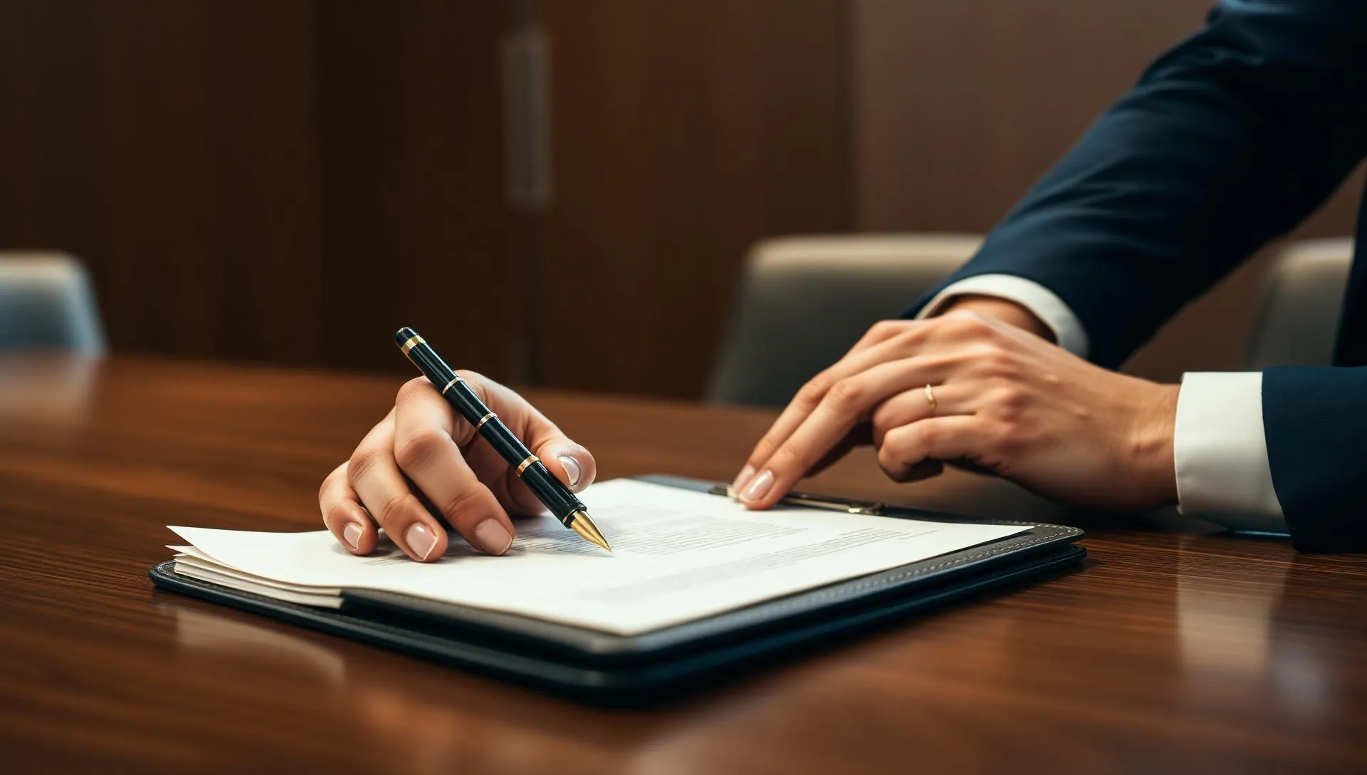 Hands signing documents in a private boardroom