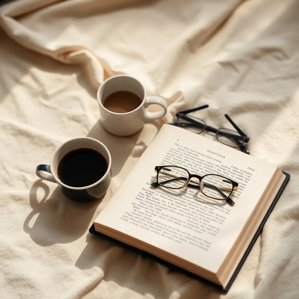 Open book and coffee in warm morning light
