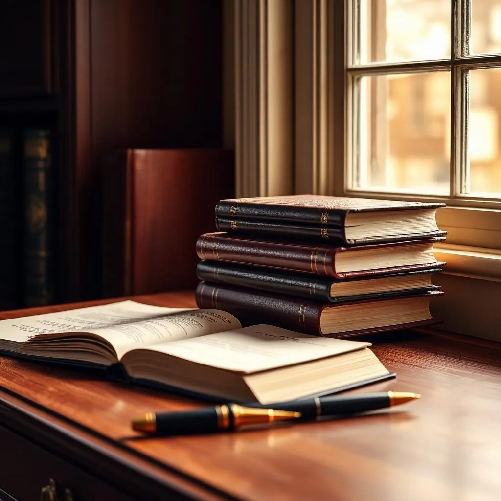 Stack of leather-bound books on a desk