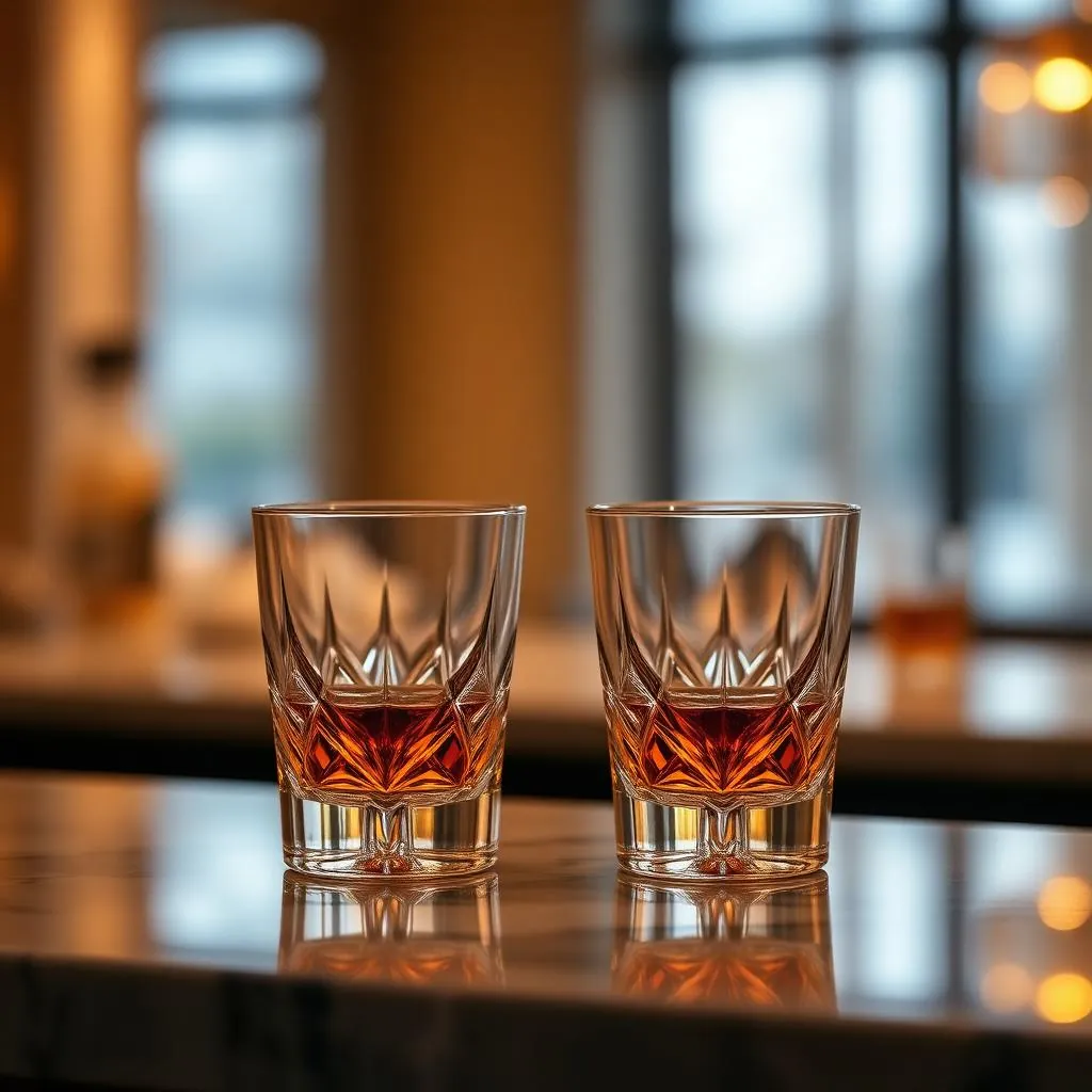 Two crystal tumblers on a marble bar