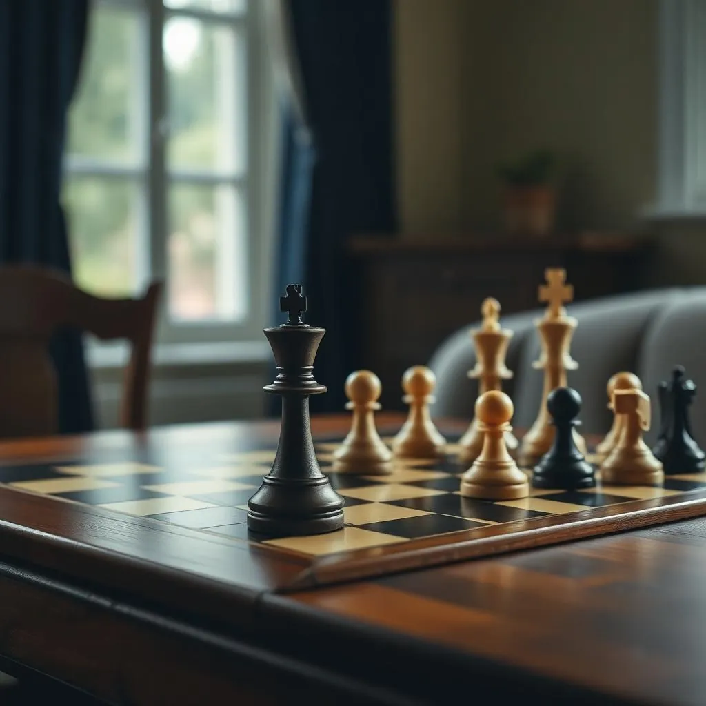 Chess board mid-game in window light